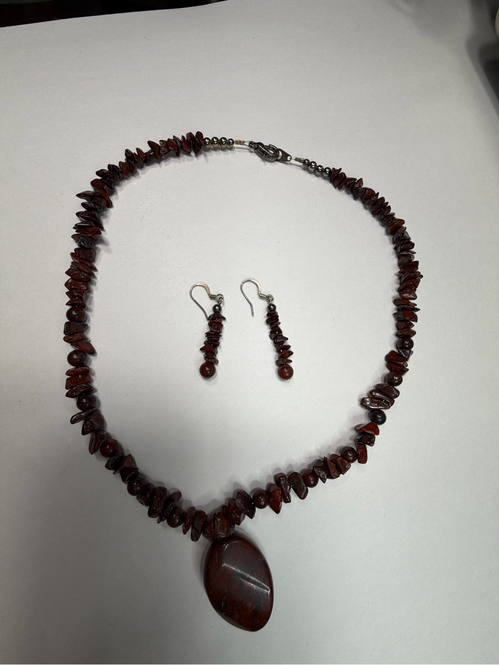 Handcrafted Dark Red Stone Necklace & Earrings Set